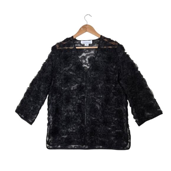 Caroline Rose Sheer Cardigan Jacket sz M Black Beaded Trim - Picture 1 of 13